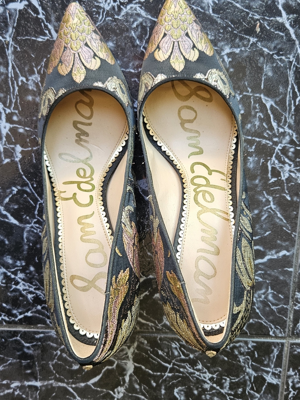 Sam Edelman Black Pointed Flats with Gold and Pink Floral Embroidery